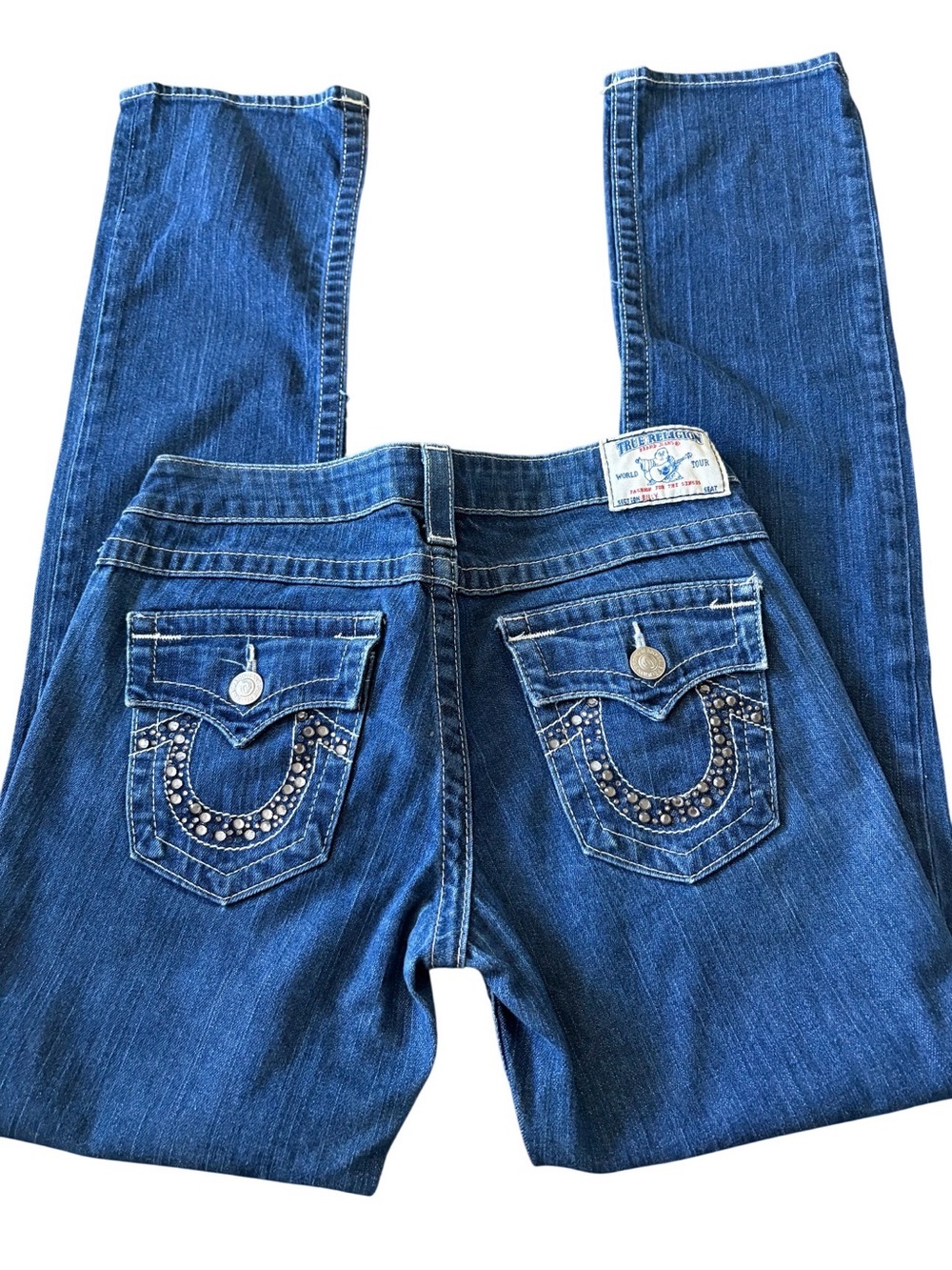 True Religion Blue Skinny Jeans with Rhinestone Horseshoe Pockets